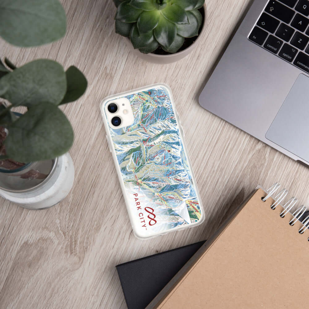 Park City Trail Map iPhone Case showcasing vibrant trail map design on a sleek protective case by Mtns Co.
