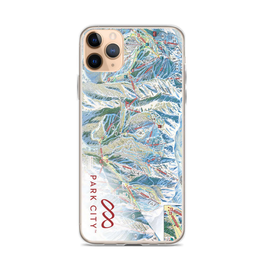 Park City Trail Map iPhone Case featuring official licensed ski resort apparel Mtns Co Trail Map Logo.