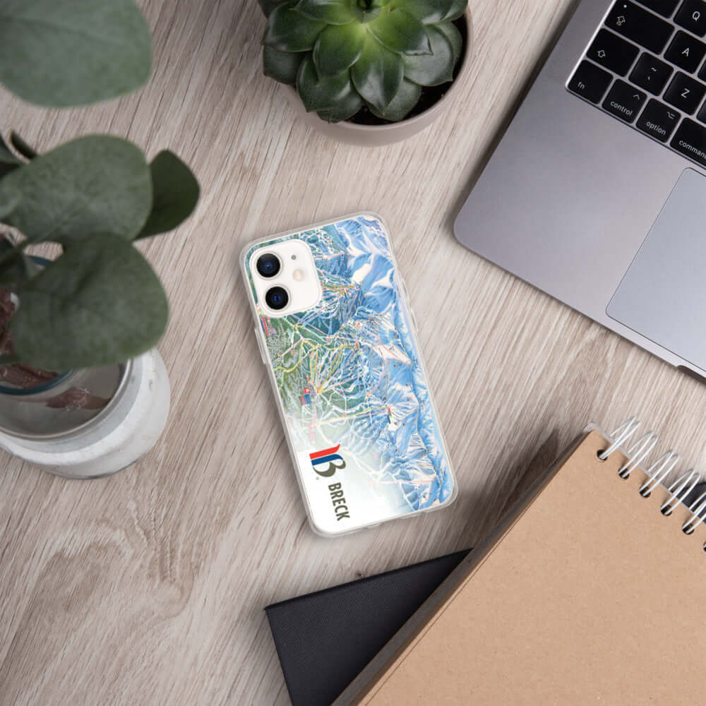 Breckenridge Trail Map iPhone Case featuring Mtns Co logo with vibrant ski trail design.