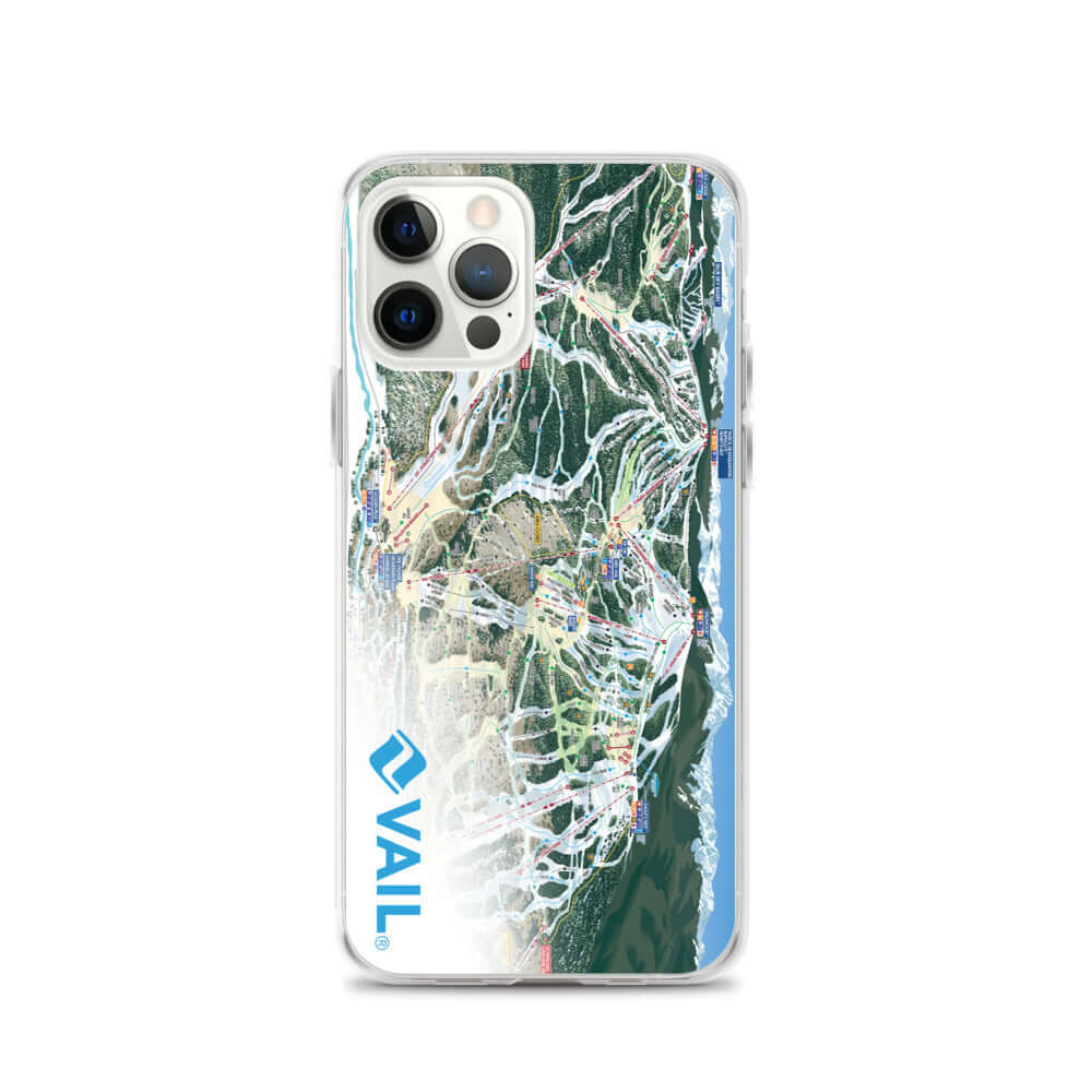Vail Trail Map iPhone Case showcasing the official Vail Trail Map, designed by Mtns Co, with logo and protective features.