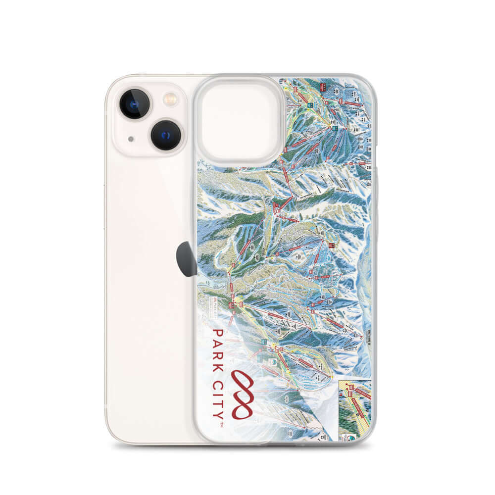Park City Trail Map iPhone Case featuring official trail map design and Mtns Co logo.