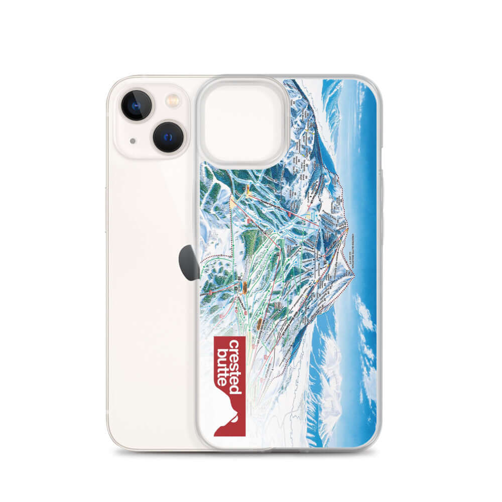 Crested Butte Trail Map iPhone Case featuring ski resort trail map and Mtns Co logo.