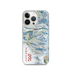 Park City Trail Map iPhone Case featuring a detailed trail map design by Mtns Co, perfect for ski enthusiasts.