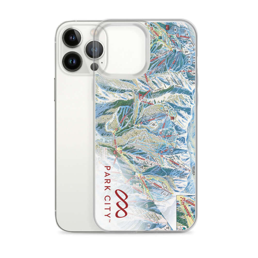 Park City Trail Map iPhone Case with full map design and Mtns Co Trail Map Logo, offering protection and style.