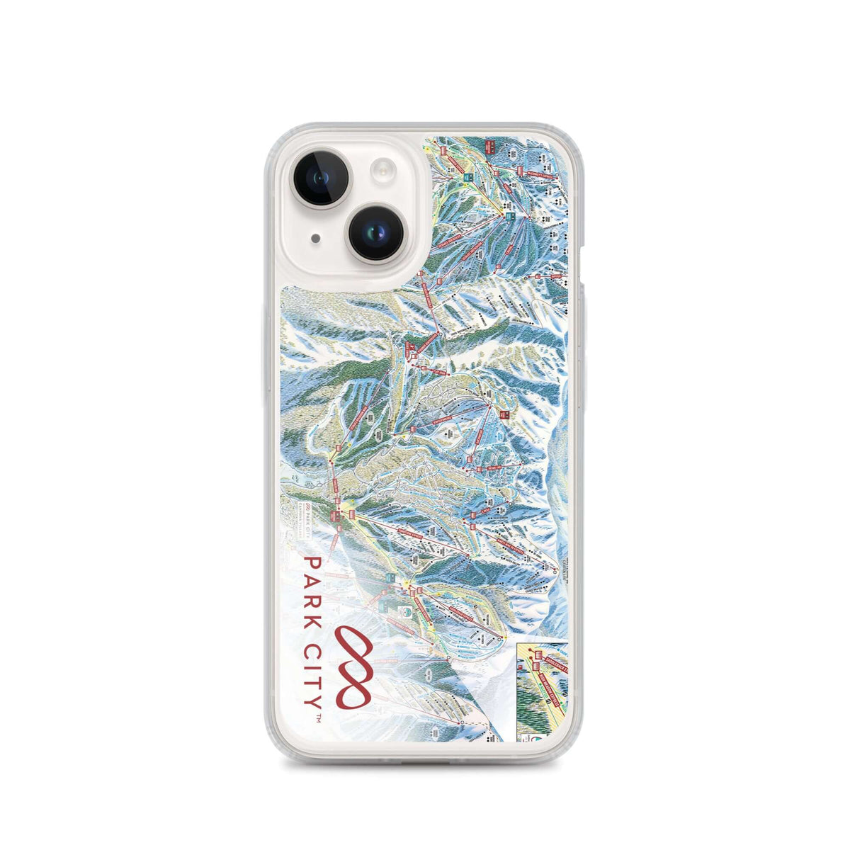Park City Trail Map iPhone Case featuring an official trail map design by Mtns Co, perfect for ski enthusiasts.