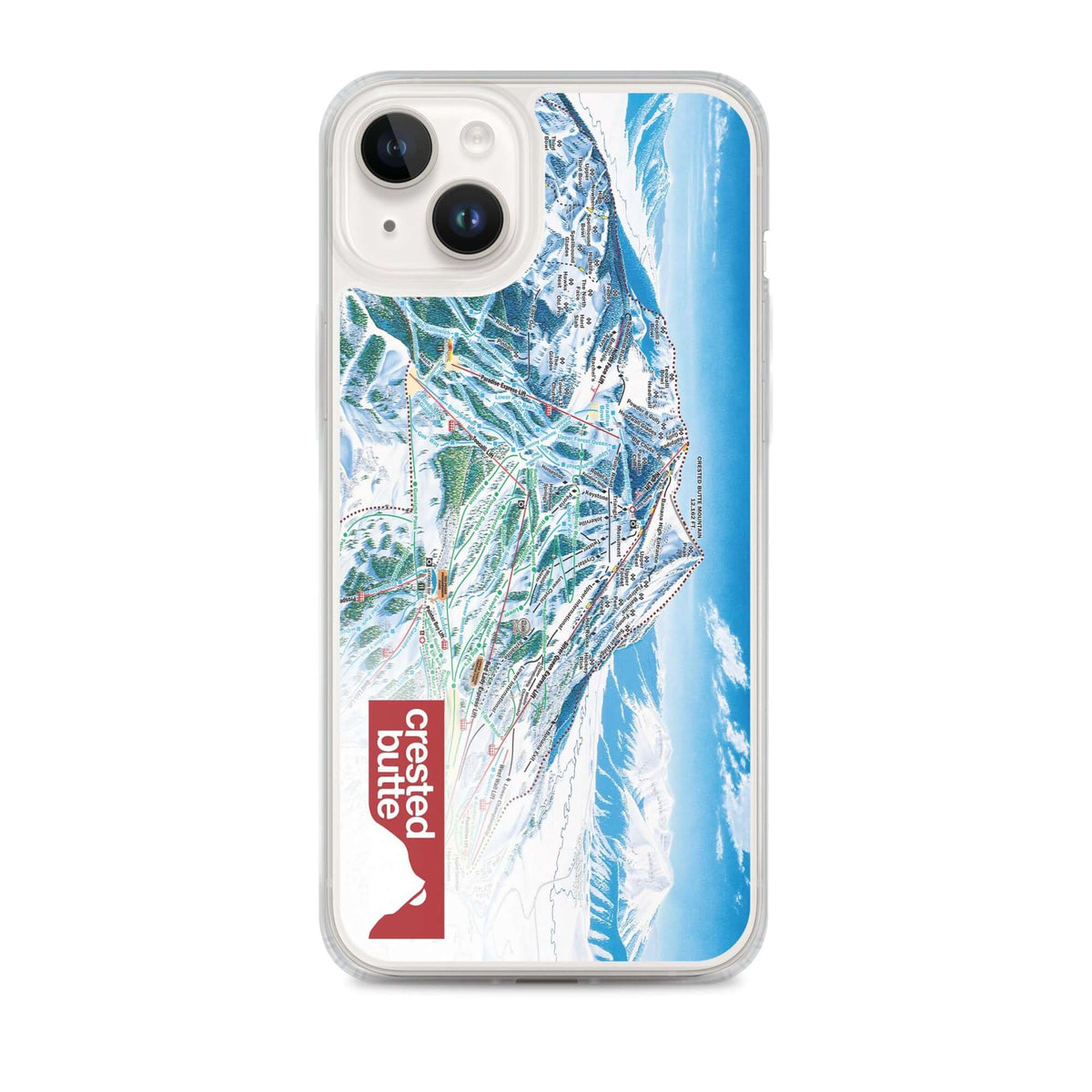 Crested Butte Trail Map iPhone Case featuring official trail map and Mtns Co logo.