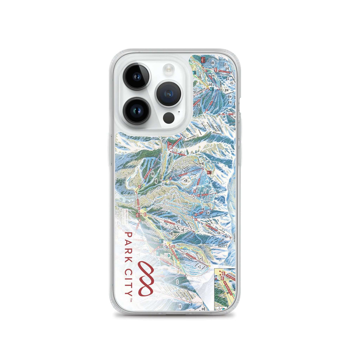Park City Trail Map iPhone Case featuring the official Park City Trail Map and Mtns Co logo.