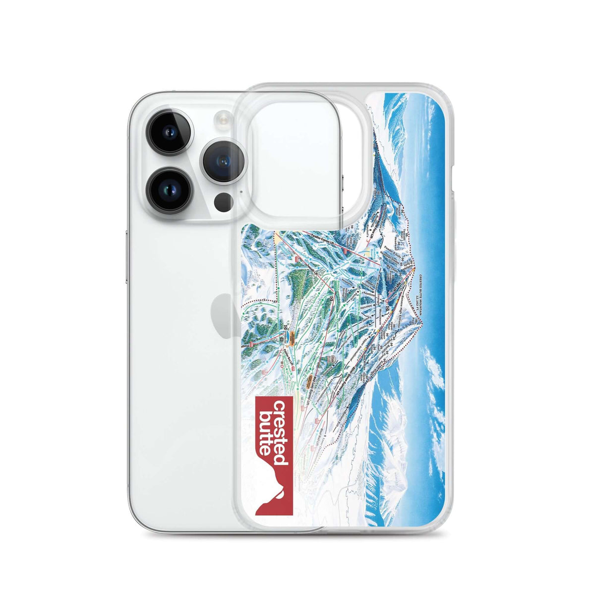 Crested Butte Trail Map iPhone Case showcasing vibrant design and Mtns Co logo for official licensed ski resort apparel.