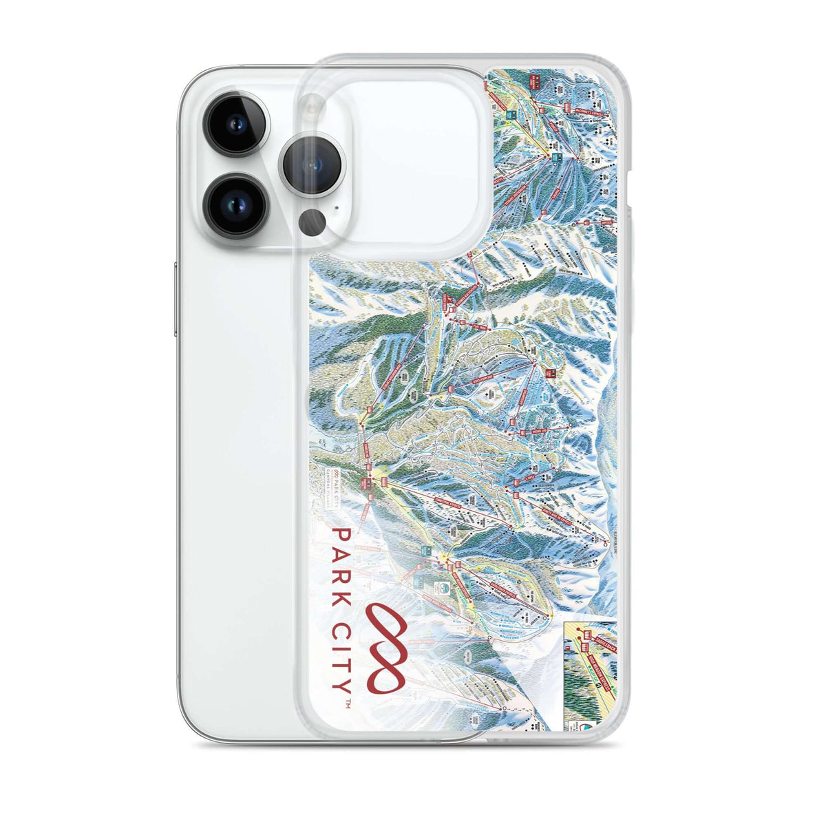 Park City Trail Map iPhone Case featuring the official Park City Trail Map and Mtns Co logo.
