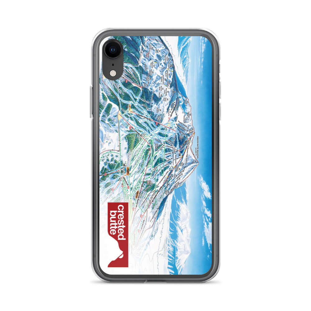 Crested Butte Trail Map iPhone Case featuring official ski resort map and Mtns Co logo.