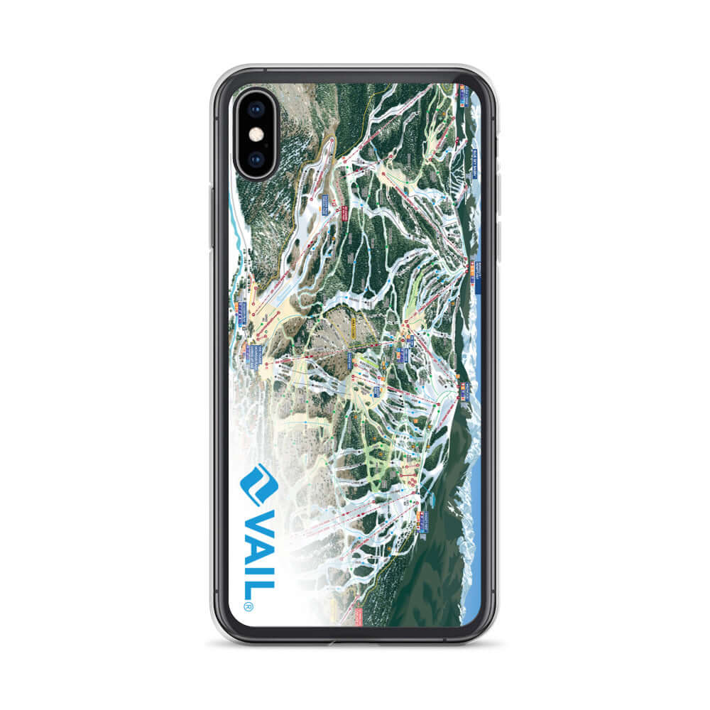 Vail Trail Map iPhone Case featuring official trail map and logo from Mtns Co for ski enthusiasts.