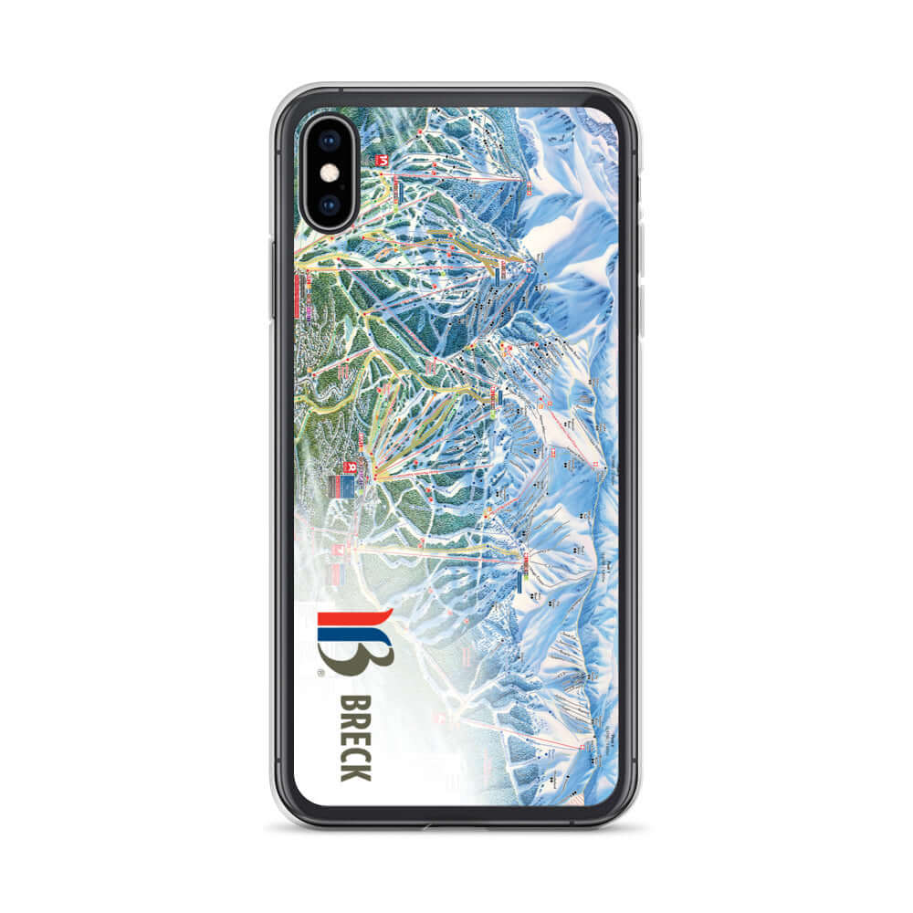 Breckenridge Trail Map iPhone Case featuring an official ski resort trail map and Mtns Co logo.