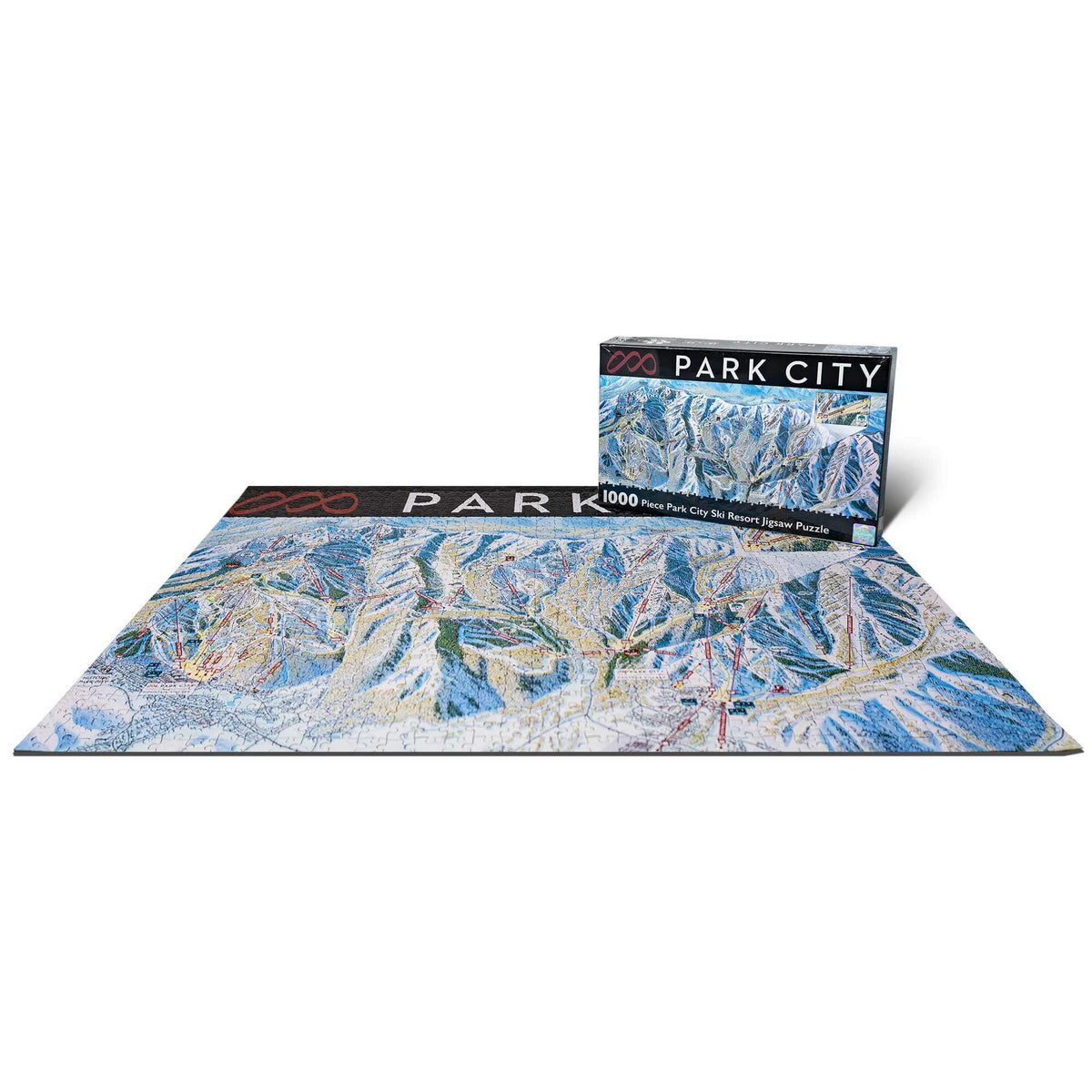 Park City Ski Resort Jigsaw Puzzle – 1000 Pieces displayed with box, by Mtns Co, featuring trail map and vibrant art.