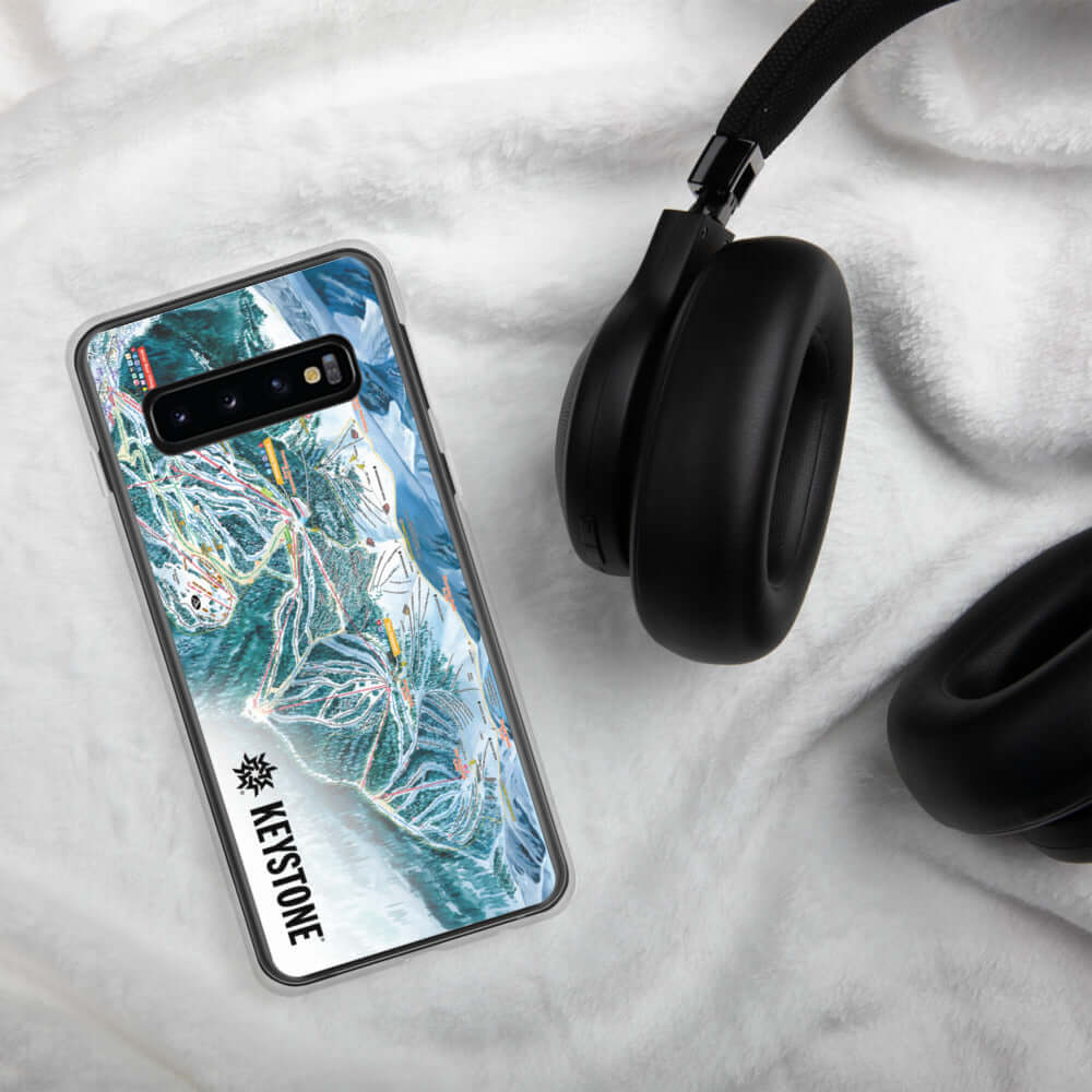 Keystone Trail Map Samsung Phone Case by Mtns Co with ski resort map design and headphones on soft surface