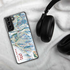 Park City Trail Map Samsung Phone Case on a cozy surface with headphones, designed by Mtns Co, featuring official ski resort map.