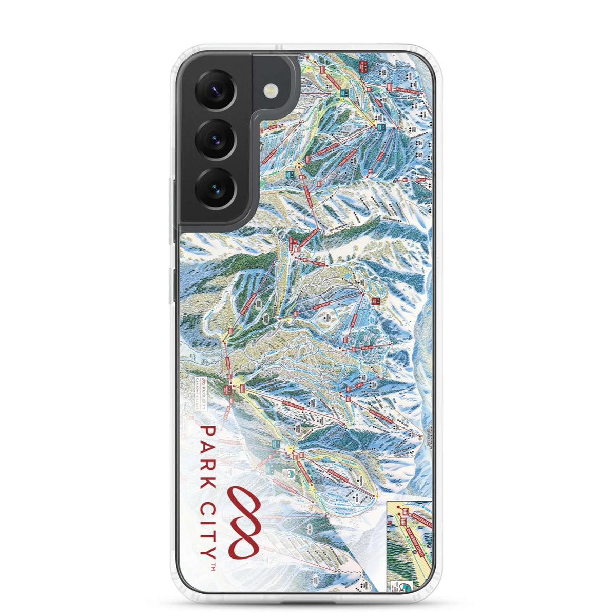 Park City Trail Map Samsung Phone Case featuring official ski resort map, Mtns Co branding, protective design.