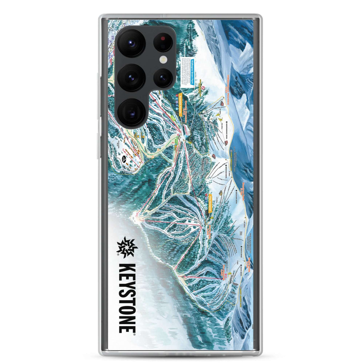 Keystone Trail Map Samsung Phone Case featuring detailed ski trail map and Mtns Co logo, compatible with wireless charging.