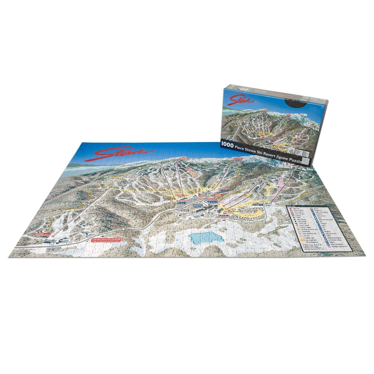 Stowe Ski Resort Jigsaw Puzzle – 1000 Pieces shown with box, featuring official ski trail map by Mtns Co.