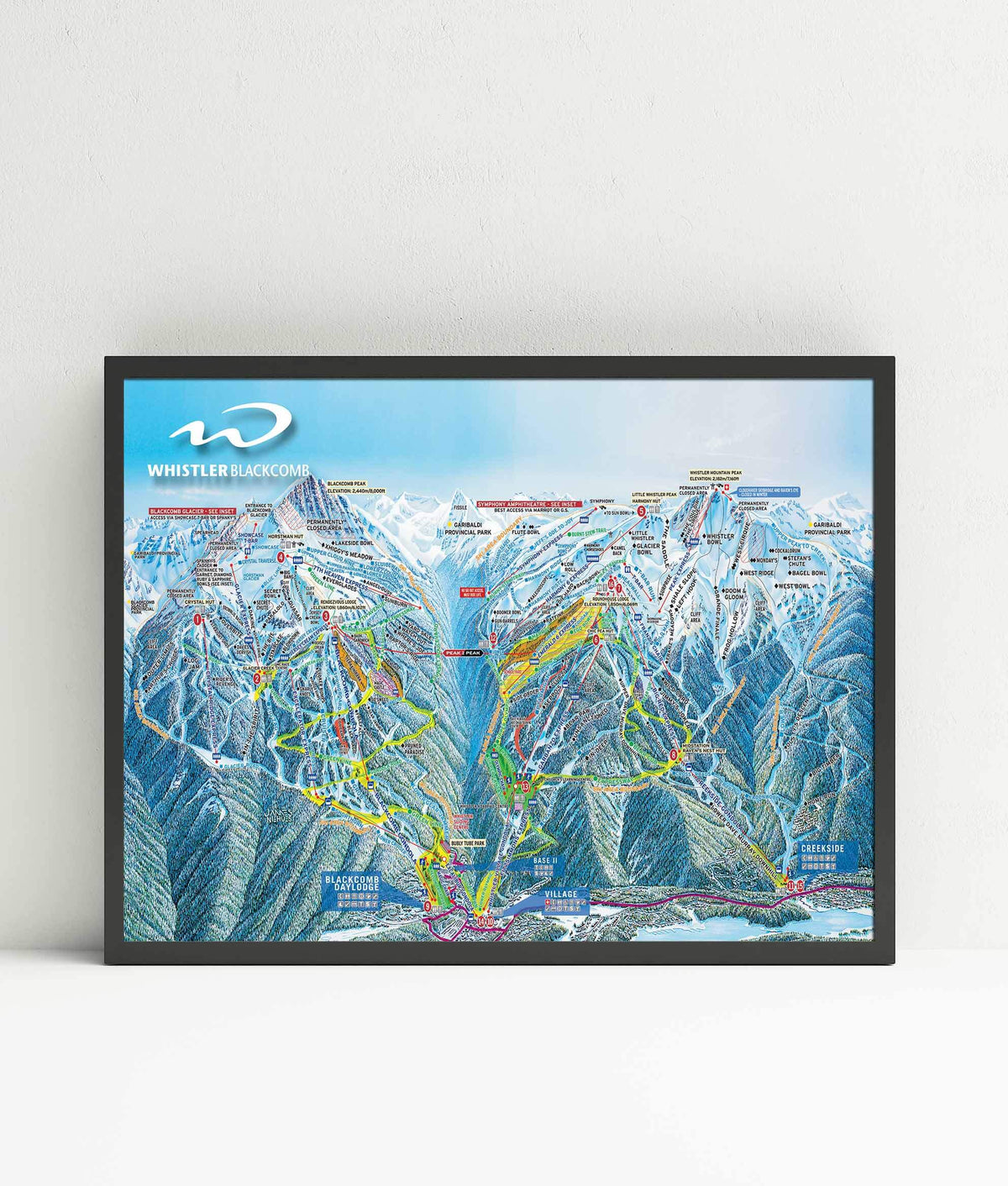 Whistler Blackcomb Ski Resort | Trail Map Poster showcasing detailed ski trails and mountain features.