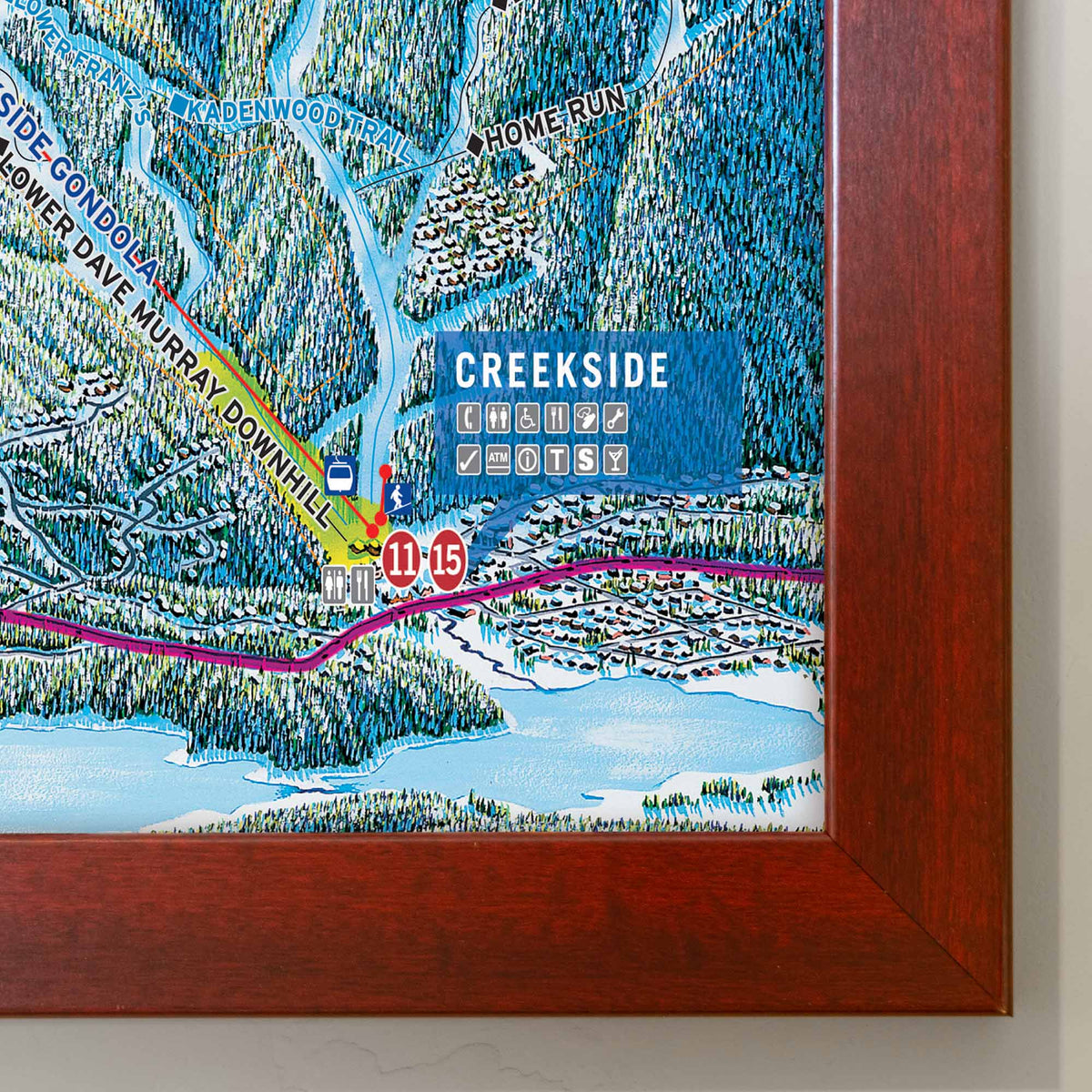 Whistler Blackcomb Ski Resort | Trail Map Poster showing detailed trail map with Creekside area highlighted, by Mtns Co.